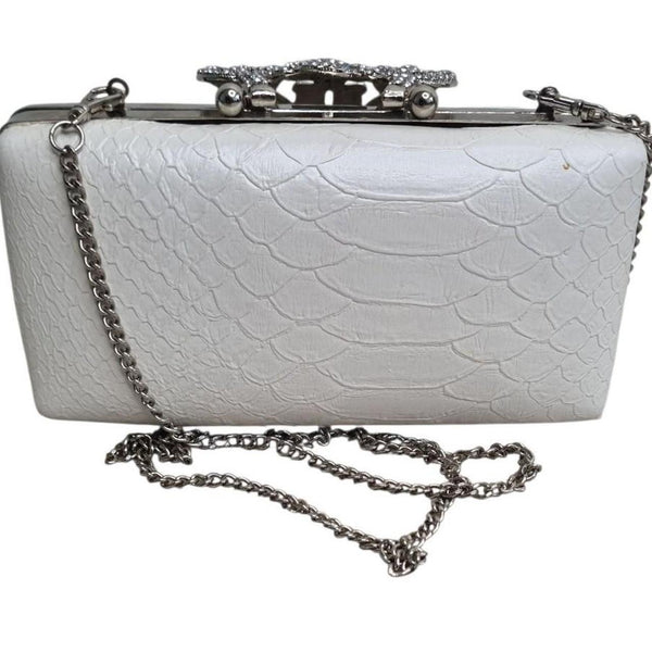 Forever New White Faux Snakeskin Clutch Bag with Rhinestone Clasp