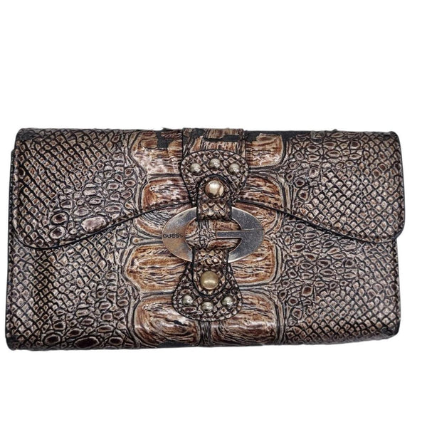 Guess Brown Embossed Croc Faux Leather Wallet Clutch Stud Detail Zip Buckle Closure