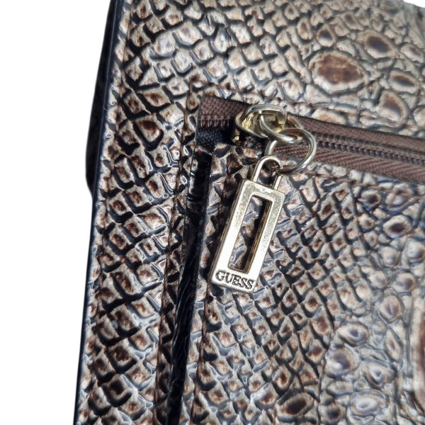 Guess Brown Embossed Croc Faux Leather Wallet Clutch Stud Detail Zip Buckle Closure