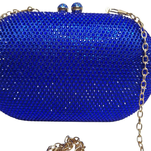 Miss Anne Royal Blue Rhinestone Evening Clutch Bag Gold Chain Strap