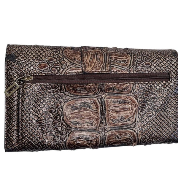 Guess Brown Embossed Croc Faux Leather Wallet Clutch Stud Detail Zip Buckle Closure