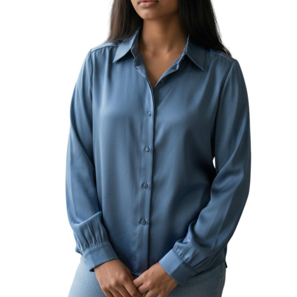 Forever New Satin Button-Up Blouse – Blue – AU 12