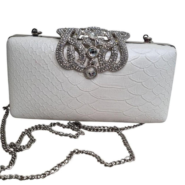 Forever New White Faux Snakeskin Clutch Bag with Rhinestone Clasp