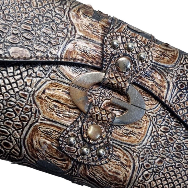 Guess Brown Embossed Croc Faux Leather Wallet Clutch Stud Detail Zip Buckle Closure