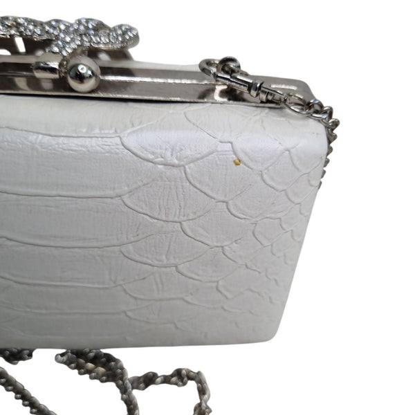 Forever New White Faux Snakeskin Clutch Bag with Rhinestone Clasp