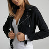 Showpo Black Cropped Biker Jacket | Silver Hardware | Size 10 AU