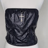 Romwe Black Faux Leather Corset Tube Top with Cross Pendant – Size XL