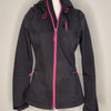 Black and pink O'Neill women's hooded soft shell wear.
