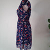 New Look Navy Blue Butterfly Print Dress Red Floral Accents 12 AU